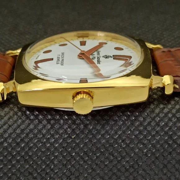 Vintage 1969 Henri Sandoz Mens Gold Watch W/Leather Strap & White Face Brown Acn - Picture 7 of 9